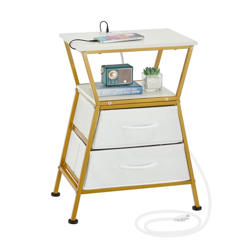 Nightstand with Charging Station, Side Tables for Bedroom with Built-in USB Side Table with 2 USB Ports and Outlets Nightstand with Cloth Drawer End Tables Living Room Sofa Couch - color: White Gold With Socket