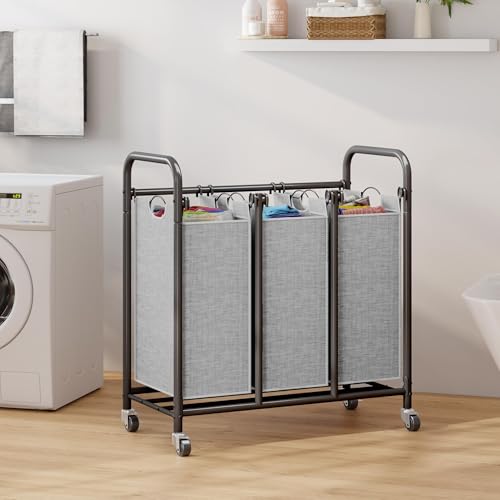 Whitmor 3-Bag Laundry Sorter, Laundry Hamper Cart with Heavy Duty Rolling Lockable Wheels and Removable Bags, Laundry Organizer Basket Clothes Separator Hamper, Grey, Large, KJ3009 - size: 3 Section B，Grey