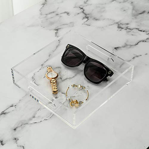 KEVLANG Clear Sturdy Acrylic Tray with Handles-8"x8"x2"H-Countertop Organizer Tray for Kitchen,Bathroom,Office- Storage Box for Cosmetics, Jewelry,Toiletries,Toy,Gadgets - color: Clear, size: 8" x 8" x 2"
