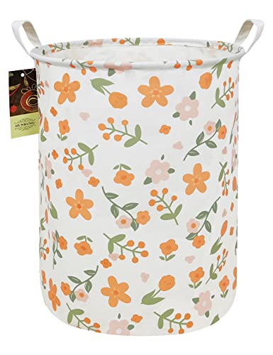 Collapsible Fabric Storage Basket, Waterproof Laundry Hamper with Handles, Round Storage Bin for Clothes Toys, Foldable Organizer for Bedroom Nursery Bathroom(Round-Orange Flower) - color: Round-Orange Flower