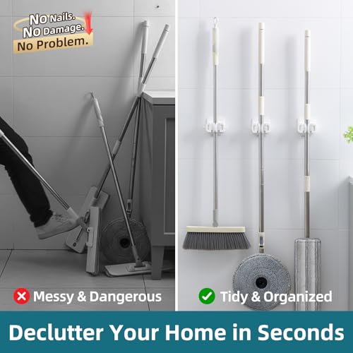 TAILI Mop and Broom Holder Wall Mount Grippers, 3 Hangers and 8 Adhesive Strips, Damage Free Hanging Wall Mount, Household Cleaning Organizer for Organization and Storage, Holds up to 4 lbs, White - color: White, size: 3 Pack