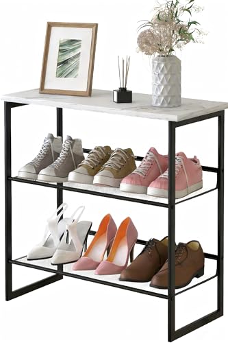 Garden 4 you Shoe Rack for Entryway 3 Tiers 11.8" D x 25" W x 20" H, Metal Shoe Rocks with White Wooden Tabletop, Angled Shoes Rack with Adjustable Mesh Shelves for Entryway Hallway Closet - color: Marble White, size: 3-Tiers