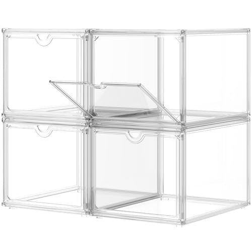 Clear Shoe Storage Boxes Stackable, Display Case With Magnetic Door, 4 Pack Acrylic, Plastic Shoe Boxes With Lids, Sneaker Storage - size: Front Door-4pcs