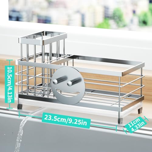 HapiRm Sponge Holder for Kitchen Sink - Self-draining Sink Caddy with Smiley Face and Brush Holder, Stainless Steel Kitchen Organizer for Countertop - Silver - color: Silver, size: with Smiley Face Sponge Holder（single）