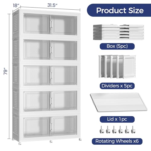 250GAL Storage Bins with Lid and Wheels, Stackable Closet Organizers and Storage Drawer, Collapsible Storage Box with Dividers, Foldable Plastic Cabinets for Room, Kitchen, 5 Pack White - color: White, size: 50Gal-5Pack