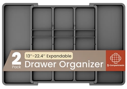 Black Expandable Utensil Drawer Organizer 2 Pack, Adjustable 13” to 22.4”, 5 Compartment Silverware Organizer for Kitchen Utensils, Spatulas, Cutlery, and Tools, Easy to Clean, Durable, and BPA-Free - color: Black, size: 5 Comp'ts (Pack of 2)