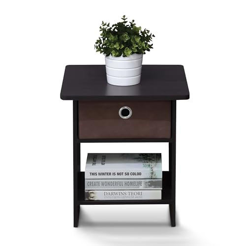 Furinno Dario End Table / Side Table / Night Stand / Bedside Table with Bin Drawer, 1-Pack, Dark Walnut - color: Dark Walnut, size: 1-Pack, Upper Bin
