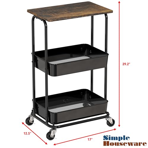 Simple Houseware 2-Tier Rolling Utility Cart with Lockable Wheels and Wood Top, Metal Storage Organizer Trolley for Kitchen, Bathroom, Office, Craft Room, Rustic Brown - color: Rustic Brown
