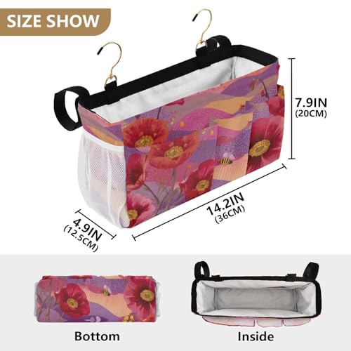 Bedside Caddy Metal Frame Hanging Organizer Bunk Bed Dorm Accessories Hook And Loop Storage Bag Large Pockets Dotty Poppy Flowers and Bees - color: Dotty Poppy Flowers and Bees