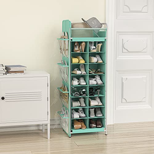 Simple Houseware 16 Cube Shoe Stand Tower Rack 8 Tier with Top Shelf and Side Hanging Pockets, Turquoise - color: Turquoise
