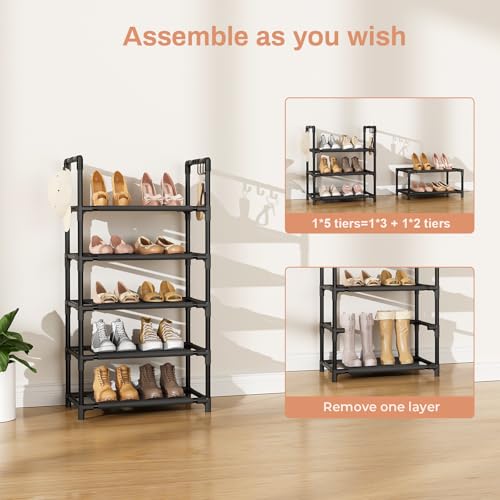LANTEFUL 5 Tiers Shoe Rack 12-15 Pairs Boots Organizer Storage Sturdy Narrow Shoe Shelf for Entryway, Closets with Hooks, Black - color: Black, size: 5 Tier-34" High-17" Wide