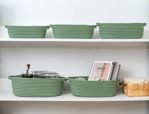 CubesLand Small Cotton Rope Storage Basket Set 5, Shelves Baskets for Organizing with Handle, Decorative Closet Storage Bins for Countertop Toilet Paper Basket for Toilet Tank Top,Green Basket - color: Green