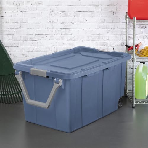 Heavy-Duty Wheeled Storage Totes, Blue Industrial Container with Latching Lid, 40 Gallon Capacity, 36.75x21.38x18 Inches, 2 Pack