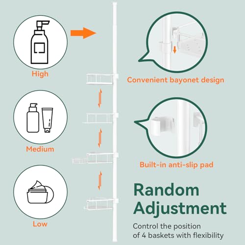 Corner Shower Caddy Tension Pole, 4 Tier Rustproof Shower Tension Rod Organizer, Adjustable 25-125 Inch Bathroom Shower Organizer Shelves for Bathtub Shampoo Storage, White - color: White