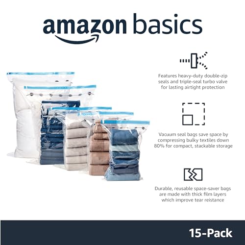 Amazon Basics Vacuum Storage Bags for Clothes, Compression Space Saving Storage Bags with Hand Pump, Reusable, Heavy-Duty Seal Protection, Multiple Sizes, White, 15-Pack
