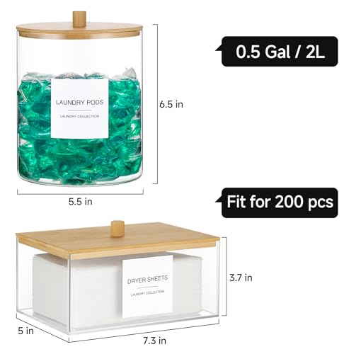 Glass Jars and Acrylic Dryer Sheet Holder, Laundry Pods Container with Bamboo Lid and 27 Labels, Powder Detergent Containers for Laundry Room Organization, Storage Jars Set (3 Pack) - color: White