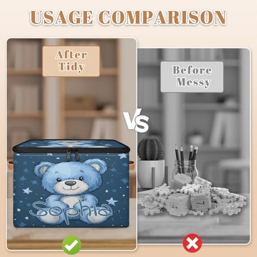 Custom Storage Basket with Name, Personalized Storage Bins with Zipper Lid, Foldable Fabric Storage Box Large capacity with Handle Blue Star Bear - color: Option 5