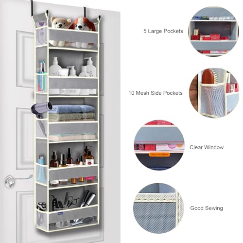 Over The Door Organizer 5-Shelves and 10 Side Pockets, Over The Door Storage for Bathroom Bedroom Nursery, Hanging Door Organizer for Baby Diapers and Kids Toys (13"x5"x44", Grey) - color: Grey, size: 5-Shelf Over Door Organizer