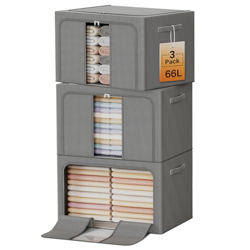 Clothes Storage Bins with Metal Frame, Foldable Clothes Organizers Storage Containers for Clothes, Sheets, Blankets, Pillows and Towels （66L, 3 Pack, Deep Grey - color: dark gray, size: 66L（19.7“X15.7"X13"）
