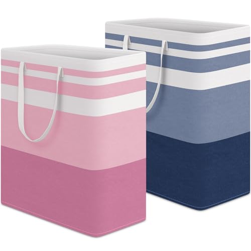 HomeHacks 2 Pack Large Laundry Baskets, Waterproof, Freestanding Laundry Hampers, Collapsible Clothes Hamper with Reinforced Handles in Laundry, College Dorm, Bathroom, Bedroom (Blue+Pink, 100Lx2) - color: Blue+Pink, size: 100L