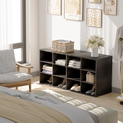 Garden 4 you Shoe Storage Bench, Cubby Shoe Rack with 12 Cubbies, 3-Tier Wood Shoe Rack Organizer, Shoe Organizer Cabinet for Entryway, Hallway, Closet and Garage, Black - color: Black, size: 12-cube 3-tier
