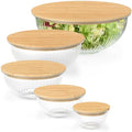 Stackable Space-Saving Set of 5 Nesting Glass Bowls with Bamboo Lids for Foodprep, Storage, Baking, Mixing & Cooking, Microwave & Oven Safe BPA Free Heat Resistant Inert Borosilicate Glass - color: 5 Mixing Bowls with Bamboo Lids (Ribbed)