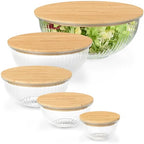Stackable Space-Saving Set of 5 Nesting Glass Bowls with Bamboo Lids for Foodprep, Storage, Baking, Mixing & Cooking, Microwave & Oven Safe BPA Free Heat Resistant Inert Borosilicate Glass - color: 5 Mixing Bowls with Bamboo Lids (Ribbed)
