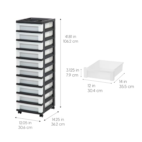 IRIS USA Plastic Drawer Storage Organizer Rolling Cart, with Wheels Casters, 10-Drawers, for Classroom Art Craft Supplies Dresser Closet Bathroom Laundry Room, Black/Pearl - color: Black, size: 10 Drawer with Wheels