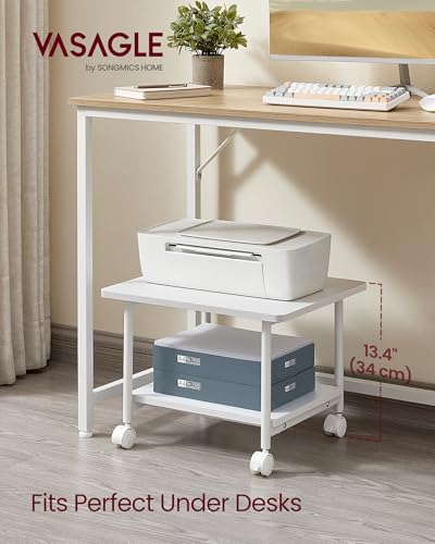 VASAGLE Printer Stand with Locking Wheels, Industrial Mobile Cart, Under Desk Printer Table for Home Office, 18.9 x 15.7 x 13.4 Inches, Storage Shelf, 2-Tier, Cloud White - color: Cloud White, size: 2 Tiers/Compact