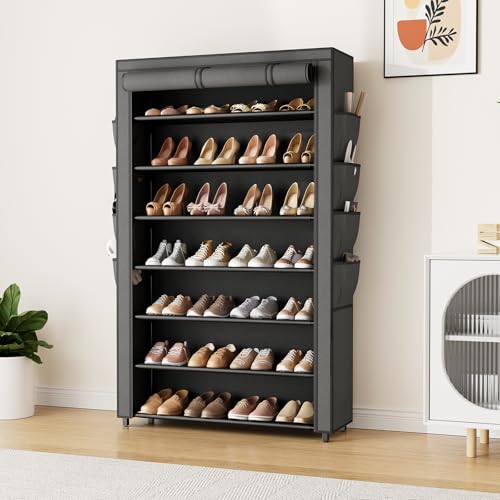 VILICK Shoe Rack with Cover, 7 Tier Shoe Organizer Storage for 32-40 Pair Shoes and Boots Large Shoe Storage Shelf Space Saving Vertical Shoe Rack for Closet, Front Door Entrance, Dorm, Garage - color: Black, size: 33.8"W-7 Tier