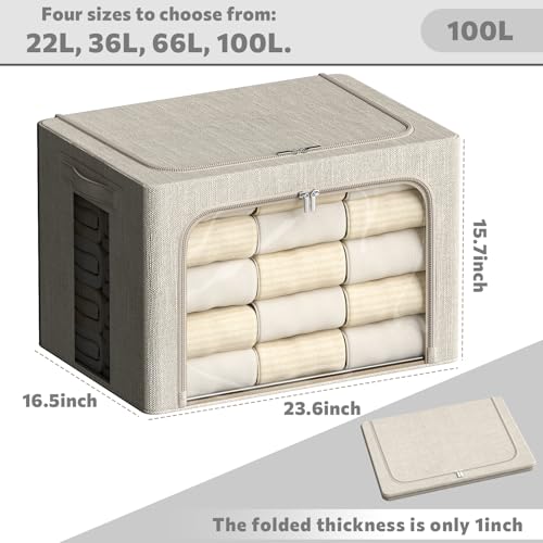 FHSQX 6 Pack Clothes Storage Bins with Metal Frame 100L Foldable Storage Bins for Clothes Linen Fabric Storage Box with Clear Window (Beige, 23.6x16.5x15.7inch(100L)) - color: Beige, size: 23.6x16.5x15.7inch(100L)