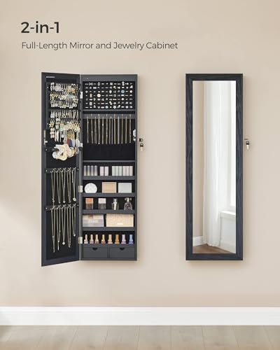 SONGMICS 6 LEDs Mirror Jewelry Cabinet, 47.2-Inch Tall Lockable Wall or Door Mounted Jewelry Armoire Organizer with Mirror, 2 Drawers, 3.9 x 14.6 x 47.2 Inches, Black UJJC093B01 - color: Black
