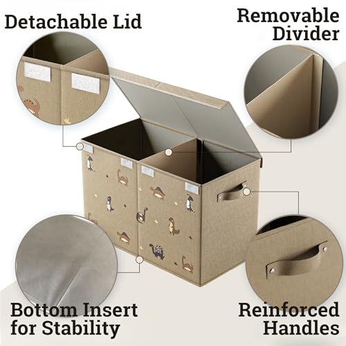 Collapsible Toy Storage Box with Handles, Removable Divider & Detachable Lid - Dinosaur Print Kids Toy Box for Boys & Girls - Storage for Toys Living Room, Bedroom & Playroom - Large Bin for Toys