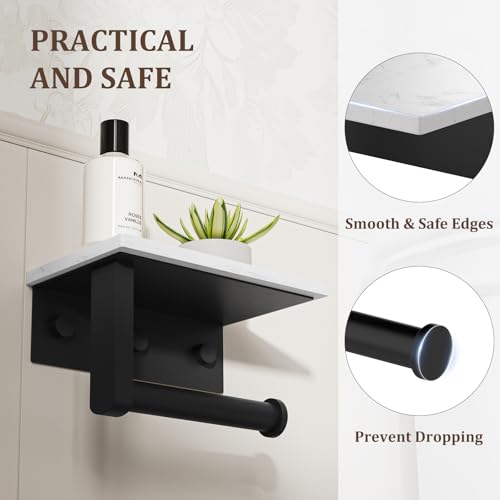 BWE Matte Black Toilet Paper Holder with Marble Shelf, Toilet Paper Roll Holder Wall Mounted, Toilet Paper Roll Holder with Phone Shelf 304 Stainless Steel Tissue Holder for Bathroom Washroom - color: Black