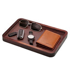 Wooden Valet Tray,Brown Wooden Catch All Tray with Leather Inlay Organizer ，Nightstand, Entryway Bedside Dump Holder, for Keys, Watches, Phones, Wallets Jewelry and More(H=1.2IN)