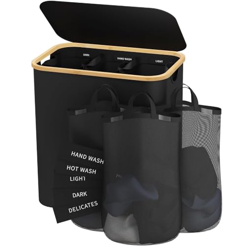 Laundry Hamper with Lid, 160L Dirty Clothes Hamper for Laundry Basket 3 Section, Extra Large Laundry Sorter Hamper 3 Compartment with Removable Inner Bags & Labels, Black - color: Black, size: 160L
