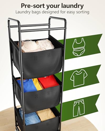 3 Section Laundry Sorter with Removable Bags, 120L Rolling Vertical Laundry Hamper, Stackable Laundry Baskets organizer for Bathroom, Apartment, Dorm (Black, With Wheel) - color: Black, size: With Wheel