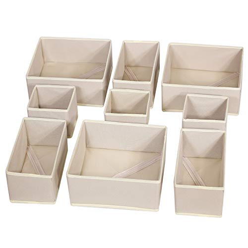 DIOMMELL 9 Pack Foldable Cloth Storage Box Closet Dresser Drawer Organizer Fabric Baskets Bins Containers Divider for Baby Clothes Underwear Bras Socks Lingerie Clothing,Beige 333