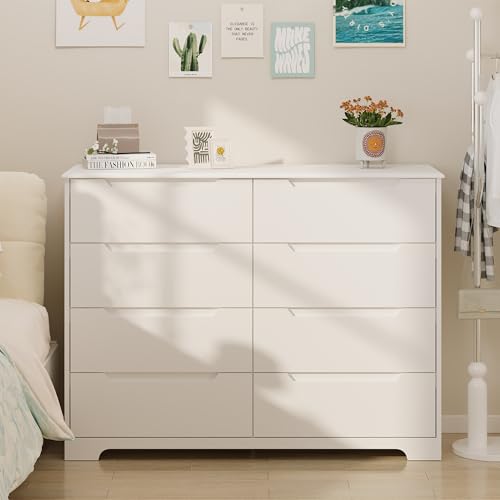 Gizoon 8 Drawer Dresser, 47" Wide White Dresser for Bedroom with Cut-Out Handles, Modern Wooden Chest of Drawers with Anti-Tip Kit, for Living Room, Hallway, Entryway, Home Office - color: White, size: 15.7"D x 47.2"W x 35.4"H (8 Drawers)