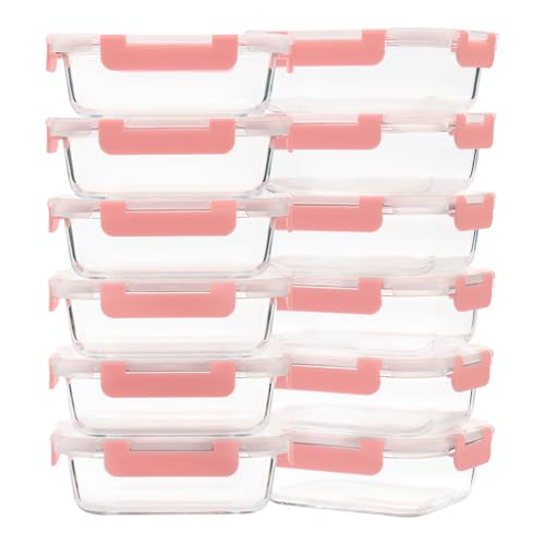 GULFLIN Glass Meal Prep Containers 12-Pack, 22oz Glass Food Storage Containers with Lids, Air-Tight, Leak-Resistant, Freezer to Microwave Safe-Pink Set - color: 22oz,Same Size - 12 Pack,Pink Set