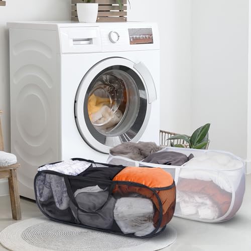 2 Pieces Up Laundry Hamper, 3 Compartment Collapsible Mesh up Laundry Basket, Collapsible Mesh Laundry Baskets for Family College Dorm Hoom Dirt Clothes Bin with Handle - color: Black+White 1