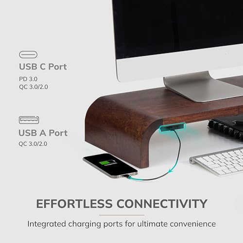 Anji Mountain Wood Monitor Stand Riser Desk Desktop Organizer Table for Home, Office Workspace, Laptop Riser, Ergonomic Design Stand for Gaming Setup, with Power Source, Walnut - color: Walnut, size: Basic Stand With USB Ports