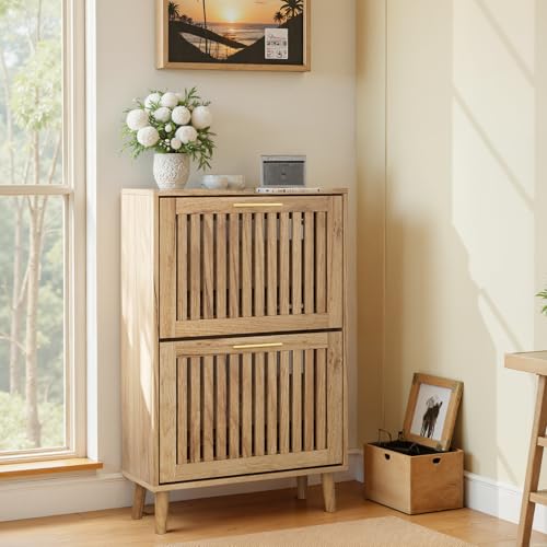 Smart FENDEE Shoe Cabinet with 2 Flip Slatted Drawers, Farmhouse Slim Shoe Organizer Rack with Golden Handles, Freestanding Hidden Entryway Storage for Hallway, Natural Oak - color: Natural Oak, size: 23.62" W