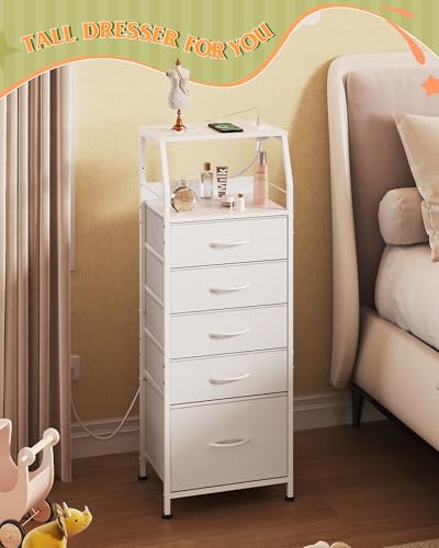 WLIVE LED Nightstand with Charging Station, White Dresser with 5 Fabric Drawers for Bedroom, Tall Night Stand with Open Shelves, Bed Side Tables Living Room - color: White, size: 5 Drawers