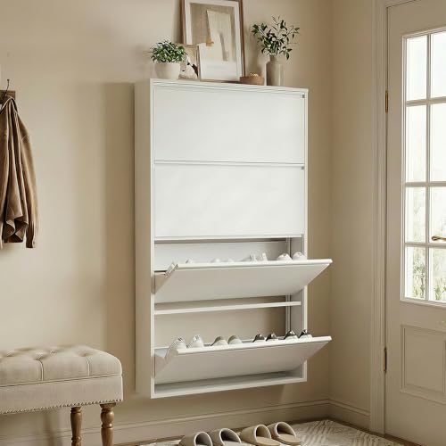 Shoe Cabinet with 4 Flip Drawers, Slim Metal Wall-Mounted Shoe Storage Organizer for Entryway, Hallway, Mudroom, Hidden Narrow Rack, White - style: 4 Flip Drawers
