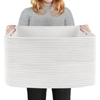 White Baskets for Organizing, 22" X 17" X 12" Rectangle Cotton Rope Storage Baskets, Woven Blanket Basket Living Room, Large Kids Toy Storage Organizer Bins, Baby Wicker Laundry Basket - color: White