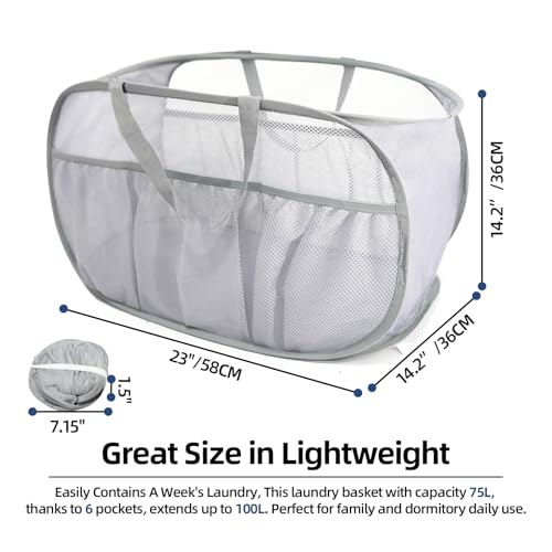 2 Pack Collapsible Laundry Baskets, Upgrade Pop Up Laundry Hamper with Convenient Bags, Foldable Laundry Basket Mesh Light Weight, Easy to Carry Clothes Hampers for Laundry, Dorm, Toys, Travel Grey - color: 2xGrey