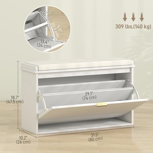 HOMCOM Narrow Shoe Bench with Padded Seat Cushion and Flip-Drawer, Small Entryway Bench Holds up to 265lb, Shoe Cabinet, 31.5x10.2x18.7 Inches, White - color: White, size: 31.5" x 10.2" x 18.7"