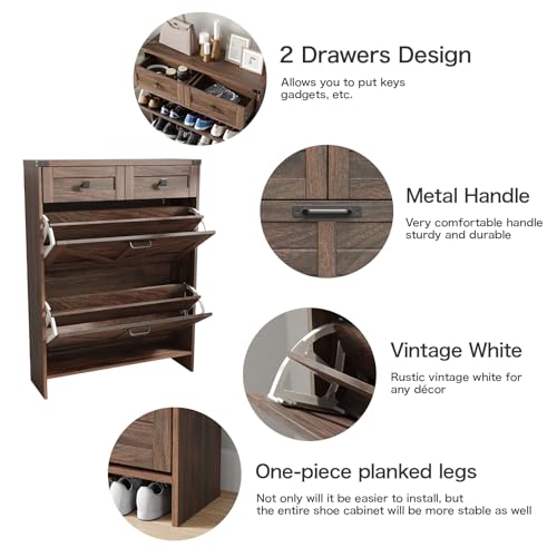 Halitaa Shoe Cabinet with 2 Flip Drawers & 2 Drawers,Farmhouse Shoe Storage Cabinet for Entryway,Slim Freestanding Narrow Organizer Rack for Front Door Entrance,Dark Walnut - color: Dark Walnut, style: 2-Drawers