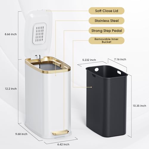 CEROELDA Small Bathroom Trash Can with Lid Soft Close-5L/1.3 Gal Stainless Steel Garbage Can-Step Pedal Wastebasket Slim Trash Bin for Office, Bedroom, Toilet, Live Room-White - color: White